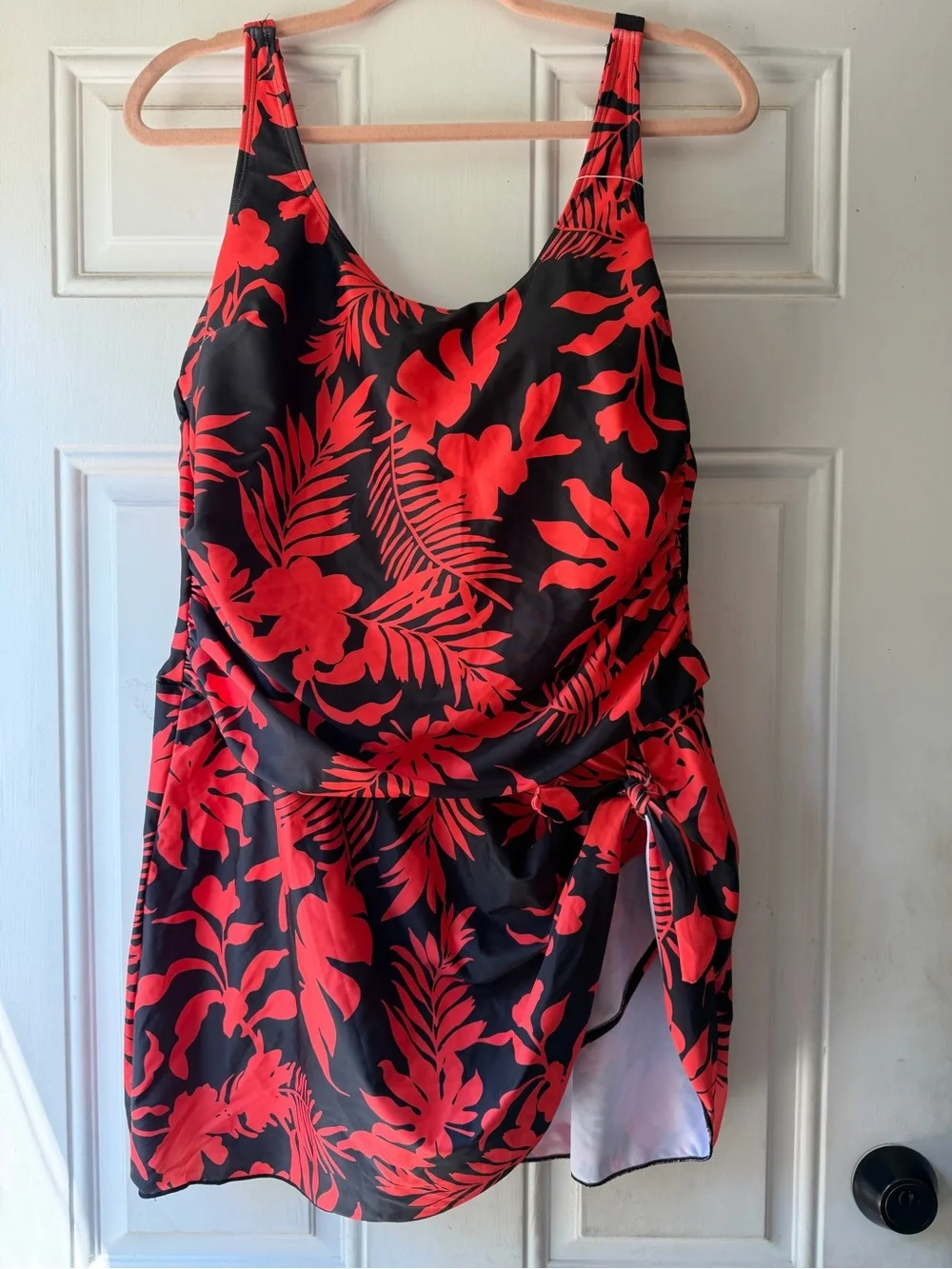 Plus Size Black and Coral Swim Dress with Tropical Print